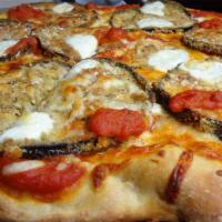 Eggplant Alla Parmigiana Gourmet White Pizza · Fresh eggplant, mozzarella cheese & tomato sauce