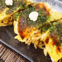Omusoba · Yakisoba noodles wrapped in an Omelette