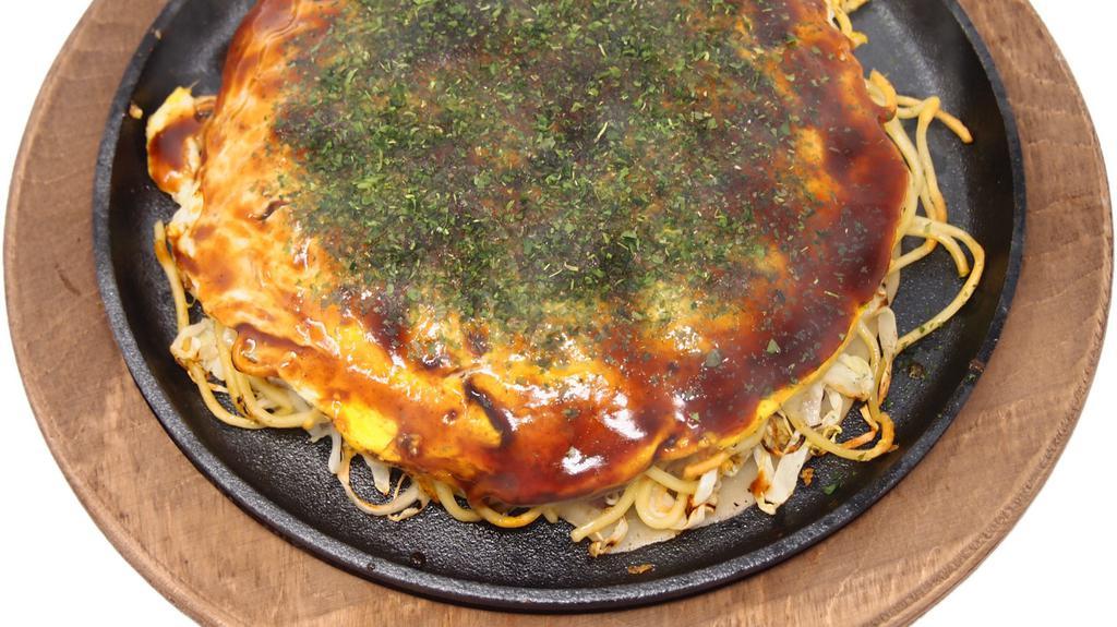 House Okonomiyaki · Layered Pancake meal of pork, vegetables, noodles, and eggs