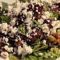Small Roasted Beet Salad · Mixed Greens, roasted beets, candied walnuts, Chèvre cheese, beet Balsamic dressing