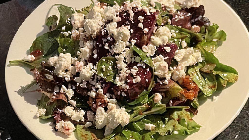 Small Roasted Beet Salad · Mixed Greens, roasted beets, candied walnuts, Chèvre cheese, beet Balsamic dressing