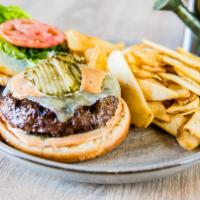 Burger* · American cheese, shaved lettuce, sliced pickles, special sauce, sesame seed bun, French  fries