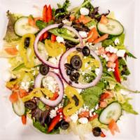 Greek Salad · Romaine & Iceberg lettuce topped with tomatoes, red onions, kalamata olives, banana peppers ...