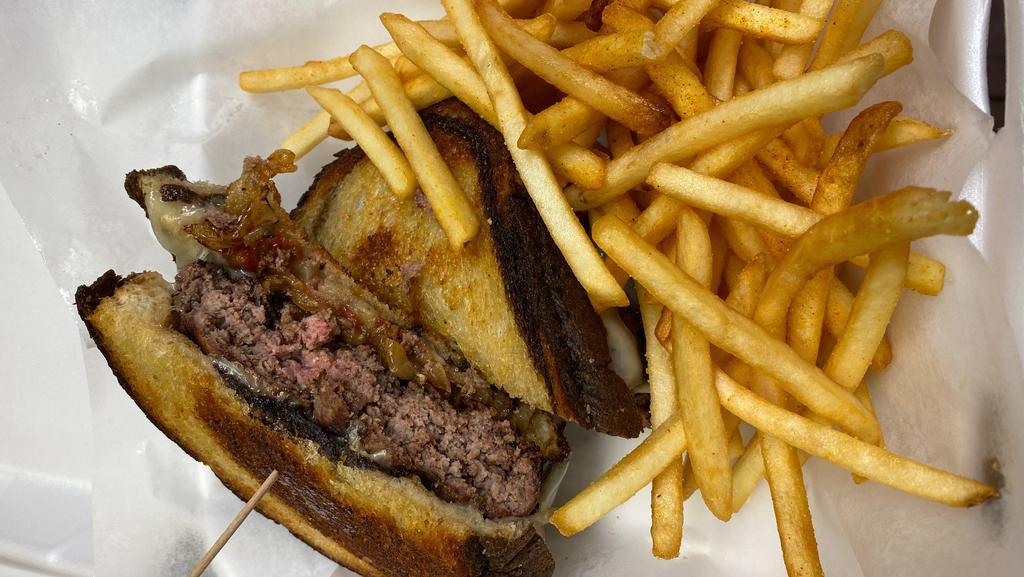 Patty Melt · Chicken or 100% black angus beef loaded with grilled onions & melted swiss cheese on grilled marble rye.
