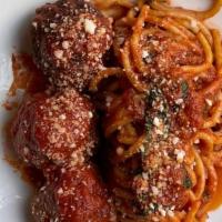 Grande-Sized Bucatini & Meatballs · per la famiglia! 8oz of thin spaghetti, marinara sauce, + 6 of our famous meatballs! Meatbal...