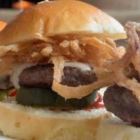 Cheeseburger Sliders · 3 burgers, served with American cheese, pickles chips, spicy ketchup and frizzled onions