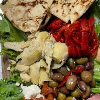 Mediterranean Board · Fresh hummus, red peppers, marinated artichokes, roasted tomato & feta, olive salad and gril...