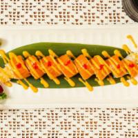 Orange Dragon Roll · Tempura shrimp, avocado topped with fresh salmon, Tobigo served with spicy mayo.