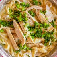 Chicken Alfredo Pizza · Broccoli, alfredo sauce and mozzarella cheese.