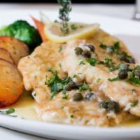Pollo Franchese · Sautéed chicken breast dipped in eggs with capers and lemon white wine sauce.