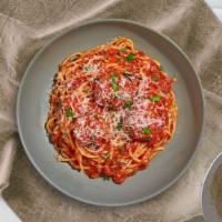 Spaghetti And Meatballs  · Fresh spaghetti and homemade ground beef meatballs served with rossa (red) sauce, red pepper...
