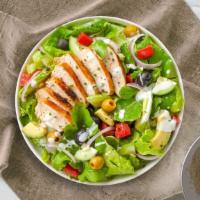 Chicken Salad · Mixed greens, grilled chicken, tomato, onion, cucumber, olives, and avocado tossed with hous...