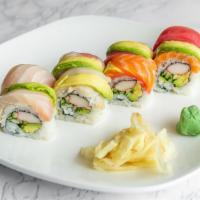 Rainbow Roll · California roll inside, tuna, salmon, white fish, avocado on top.