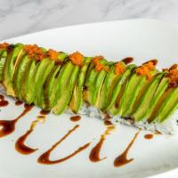Dragon Roll · Eel avocado, roll top with avocado with eel sauce.