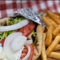 Chicken Yeros Platter · Seasoned grilled chicken breast with tomatoes, onions, feta, tzatziki sauce and fries wrappe...