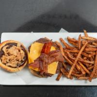 The Bbq Burger · Topped w/ crispy onions, bacon, cheddar cheese, & drizzled w/ honey bbq sauce. Comes with fr...