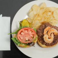 The Surf N Turf · Topped w/ spring mix, tomato, old bay aioli & shrimp. Comes with fries.