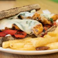 Chicken Basilico · Grilled chicken, roasted red peppers, basil, mayo and cheese