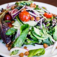 Chilango Salad · Mixed greens, chopped vegetables, fried chickpeas, corn and black bean relish, goat cheese, ...
