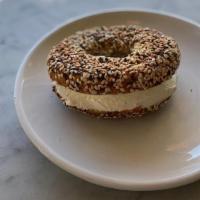 Bagel Everything With Cream Cheese · Everything bagel with a schmear of cream cheese