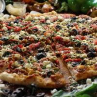 Mediterranean · Marinara sauce, caramelized onions, roasted red peppers, sliced black and green olives, red ...