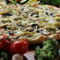 Vegetarian Primavera (White Pizza) · Mozzarella, mushrooms, peppers, onions, black olives, fresh basil, marinated tomatoes and ar...