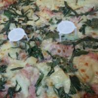 Rosemary Ham Bianco · Roasted pineapple, fresh spinach, Rosemary ham, fresh basil, Parmesan, Mozzarella cheese and...