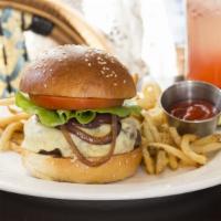 Cheeseburger · Grilled onion, raclette cheese, pommes frites.
