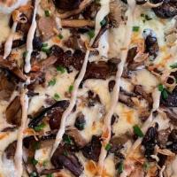 The Forager · shredded mozzarella, roasted oyster, cremini, and shitake mushrooms, black garlic aioli, fri...