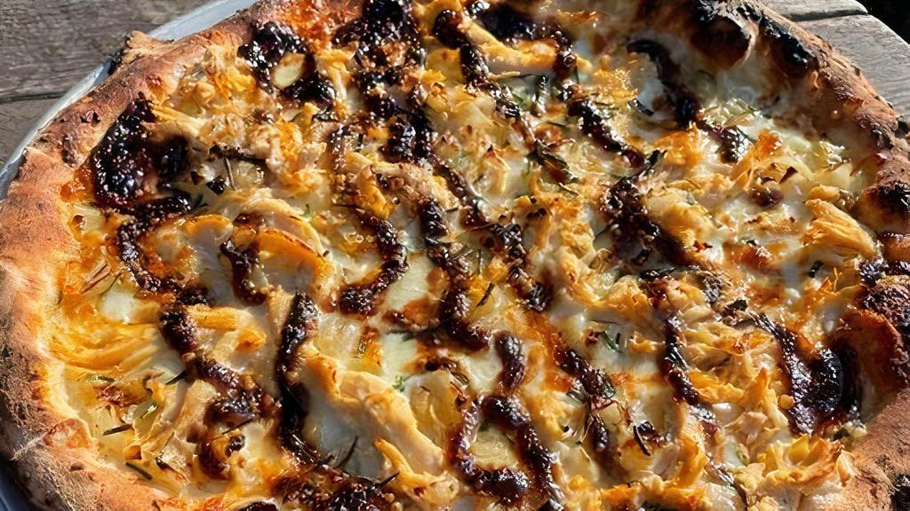 Mike`S Favorite Pizza · shredded mozzarella, fontina, roasted chicken, caramelized onions, black garlic aioli