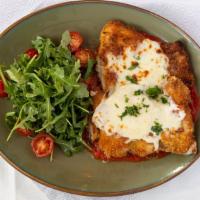 Pollo Alla Parmigiana · chicken cutlet, tomato basil sugo, mozzarella, parmigiano reggiano, arugula and cherry tomat...
