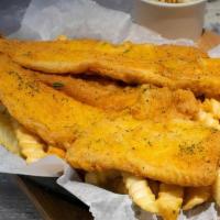 Flounder · Crispy fried flounder fillet, served with bread on the side. We fry in premium canola oil.