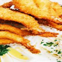 48 Pieces Fried Jumbo Shrimp · Jumbo shrimp coated in seasoned bread crumbs, then deep fried to golden brown perfection.