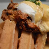 Fried Chicken And Waffle · Boneless thighs,belgian waffle, poached eggs, hollandaise.
