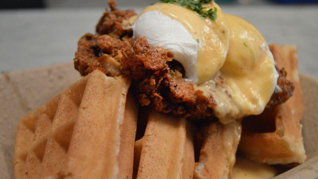 Fried Chicken And Waffle · Boneless thighs,belgian waffle, poached eggs, hollandaise.