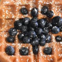 Belgian Malted Waffle · With strawberries, blueberries, banana or chocolate. one fluffy & crisp malted waffle.