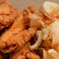 Chicken Fingers · Served with homemade potato chips and honey mustard.