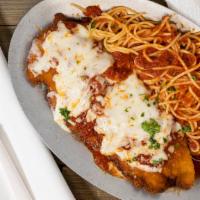 Chicken Parmesan · Hand-breaded chicken breasts baked with mozzarella cheese, served with a side of pasta.