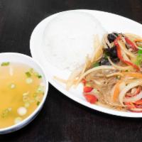 #8. Japchae Bap · Rice with Fried Korean Clear Noodles, Vegetables, and Pork