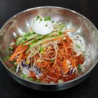 #46. Jjol Myun · Chewy Noodles with Spicy Sauce, Carrot, Lettuce, Cucumber, and Boiled Egg