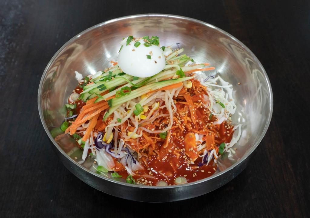 #46. Jjol Myun · Chewy Noodles with Spicy Sauce, Carrot, Lettuce, Cucumber, and Boiled Egg