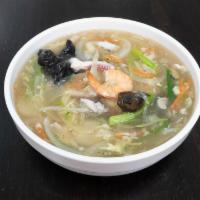 #12. Ool Myun · Noodles with Mixed Seafood and Vegetables in Special Broth and Starch