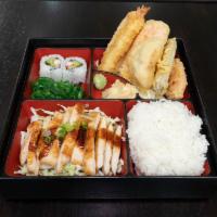 Teriyaki Box · Gyoza, Tempura, and Choice of Chicken, Beef, Salmon, Shrimp, and Galbi.