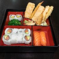 Salmon Sushi Box · 2 Pieces Salmon Sushi, Salmon Avocado Roll, Gyoza, and Tempura