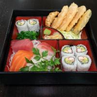 Sashimi Box · 6 Pieces of Assorted Sashimi, California Roll (2 Pieces), Gyoza, and Tempura