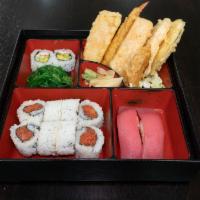 Tuna Sushi Box · 2 Pieces Tuna Sushi, Spicy Tuna Roll, Gyoza, and Tempura