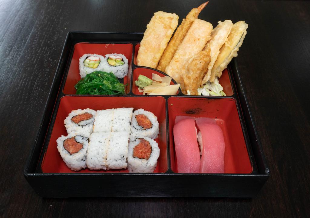 Tuna Sushi Box · 2 Pieces Tuna Sushi, Spicy Tuna Roll, Gyoza, and Tempura