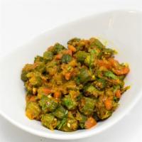 Bhindi Masala · Fresh okra cooked with onions, tomatoes and Indian spices.