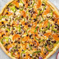 Revenge By Veggie Pizza · Pizza sauce topped with fresh mushroom, fresh green peppers, fresh tomatoes, fresh sweet oni...