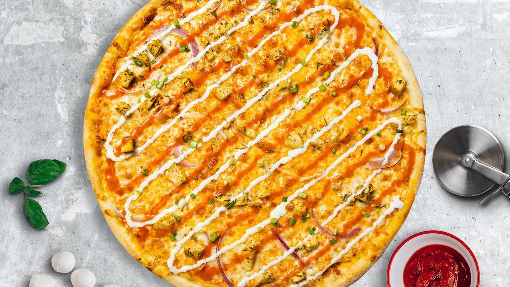 Buffalo Buffet Pizza  · Buffalo sauce topped with grilled chicken and natural cheese baked on a hand-tossed dough. Served with a side of blue cheese or ranch dressing.